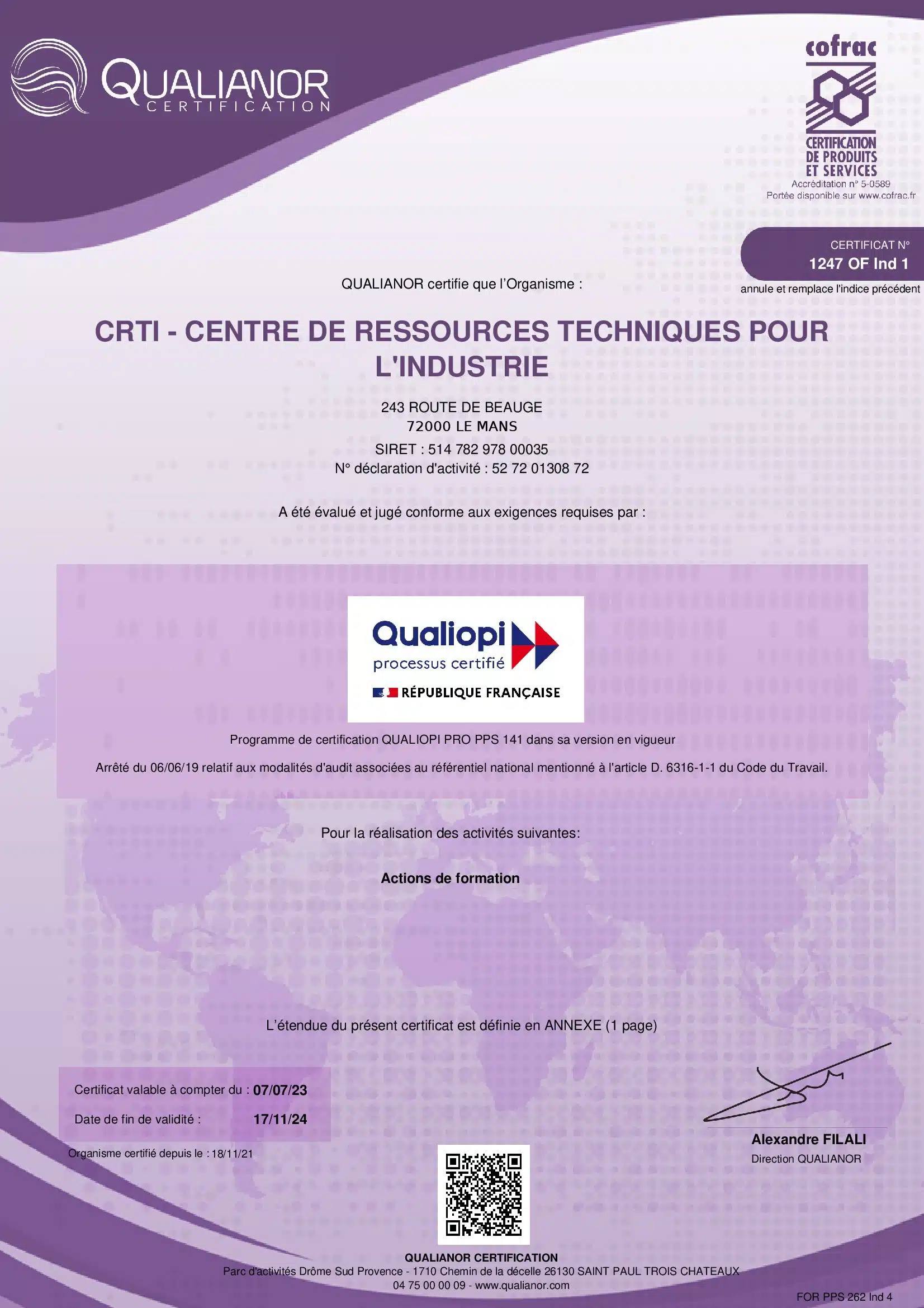 certificat qualianor qualiopi crti